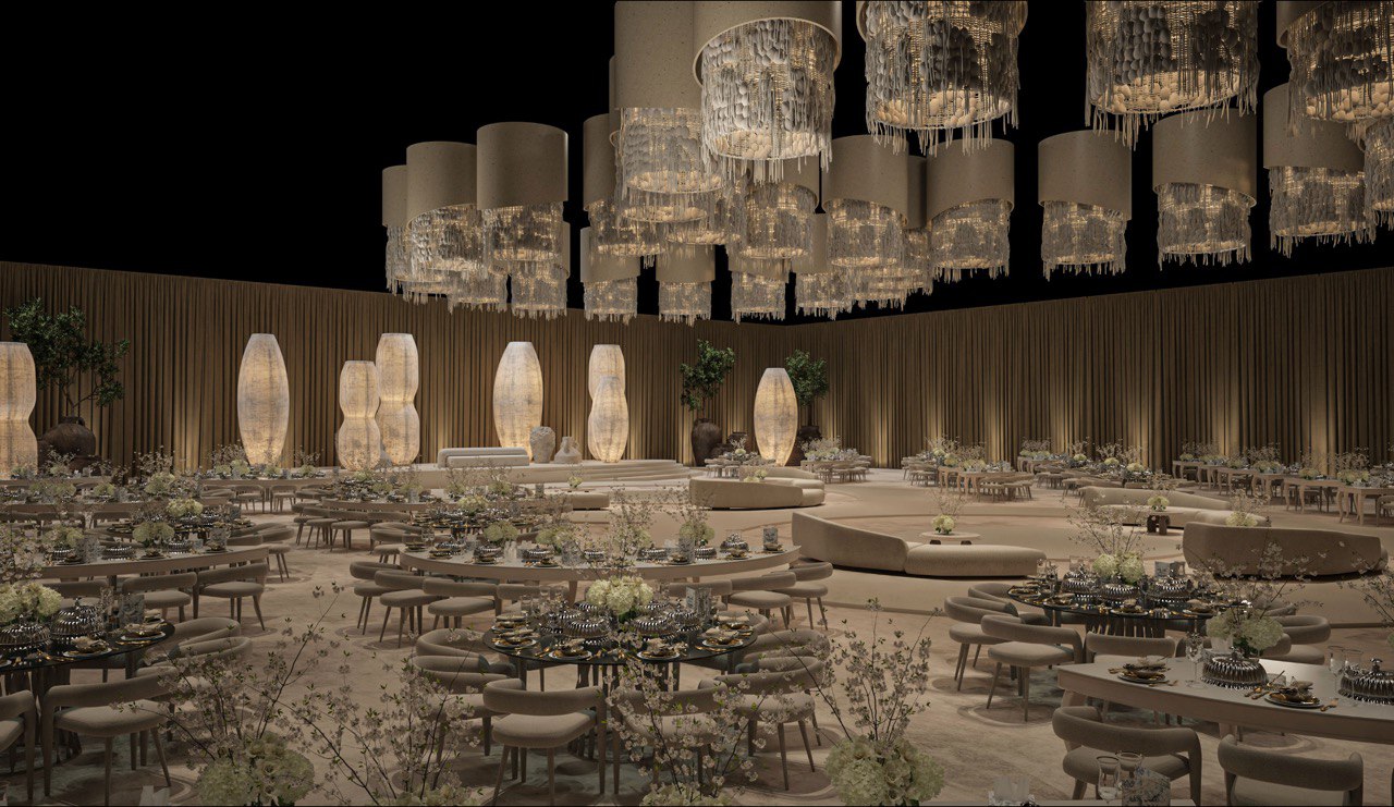 Design render of a banquet with drum-form chandeliers and curved seating by RAW Group